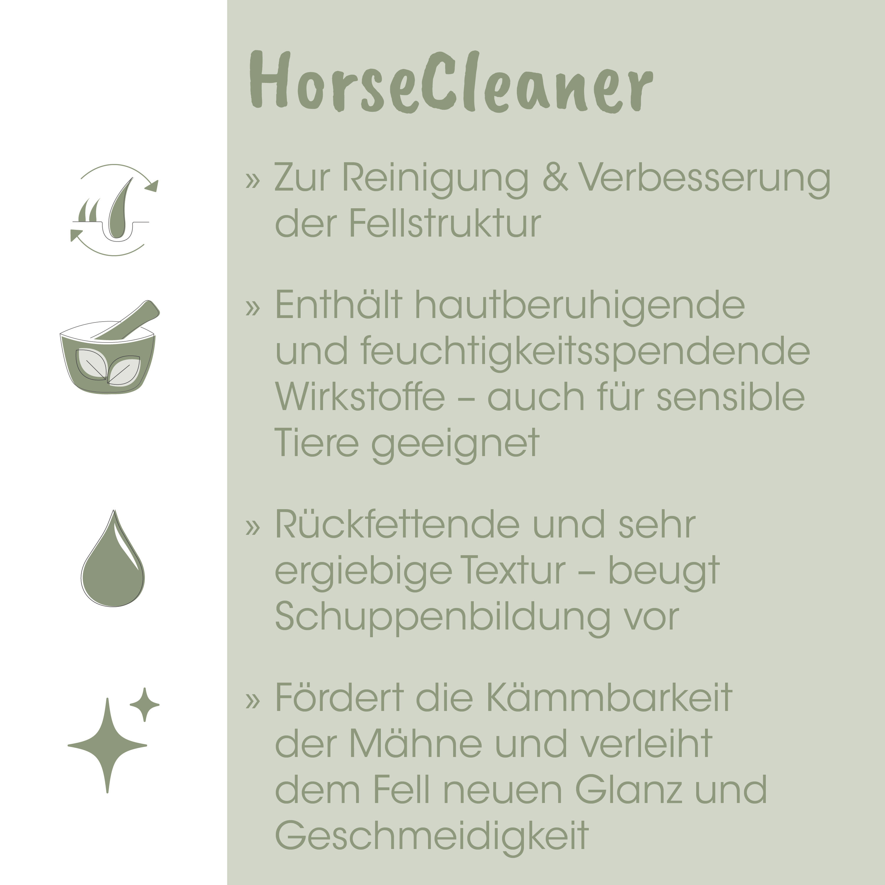 Horse cleaner, Reinigungsgerät, ökologisches Produkt, Texturvorteil, Anwendungsziel für Pferde