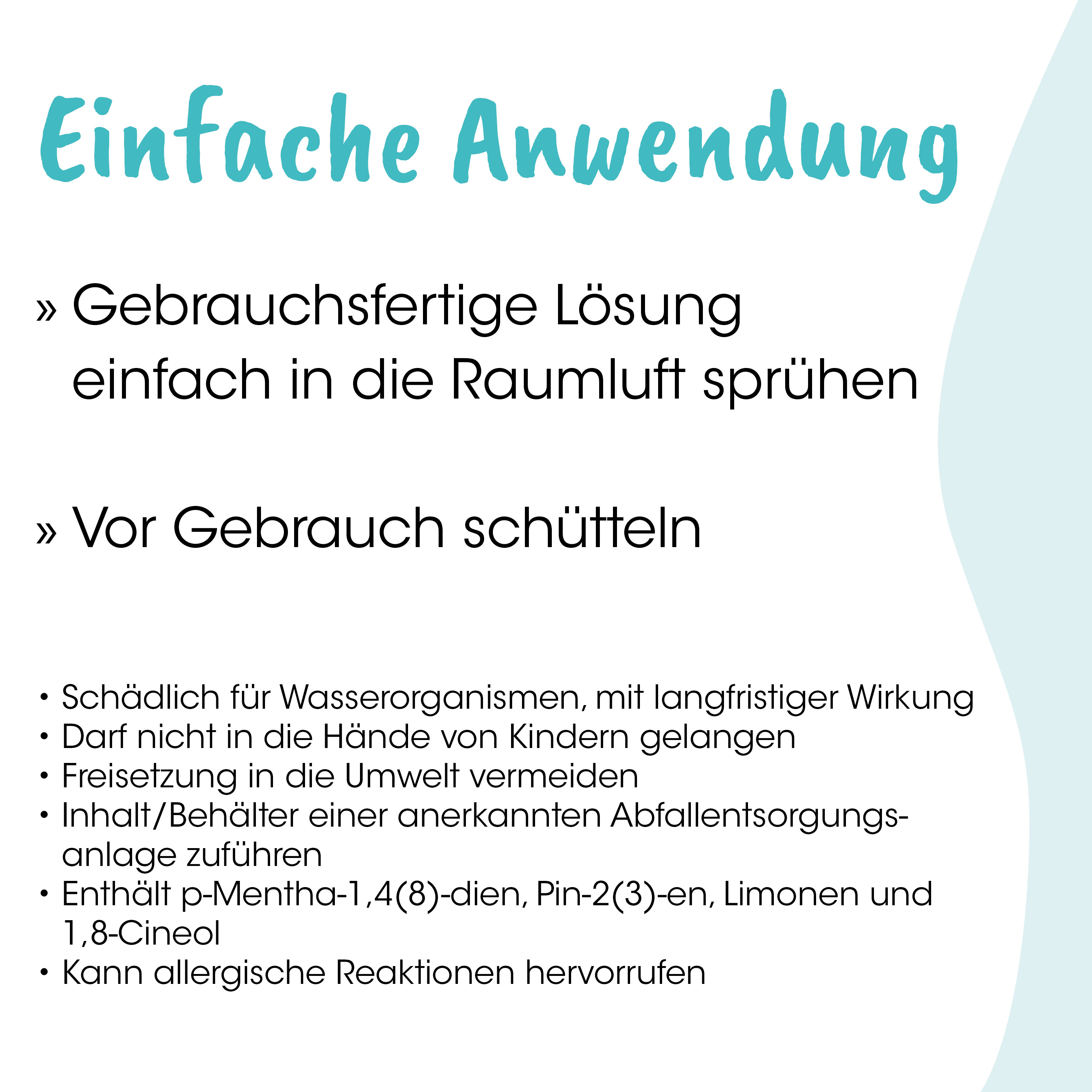 Gebrauchsfertige Lösung, Raumluft, Umwelt, Abfallentsorgung, Inhalt/Behälter