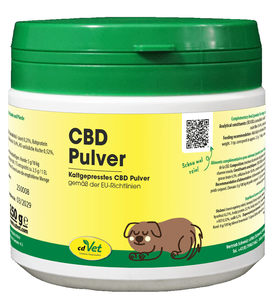 CBD Pulver, Kauprodukt, Gelb-Grün Verpackung, Hundepflege, Pulverform