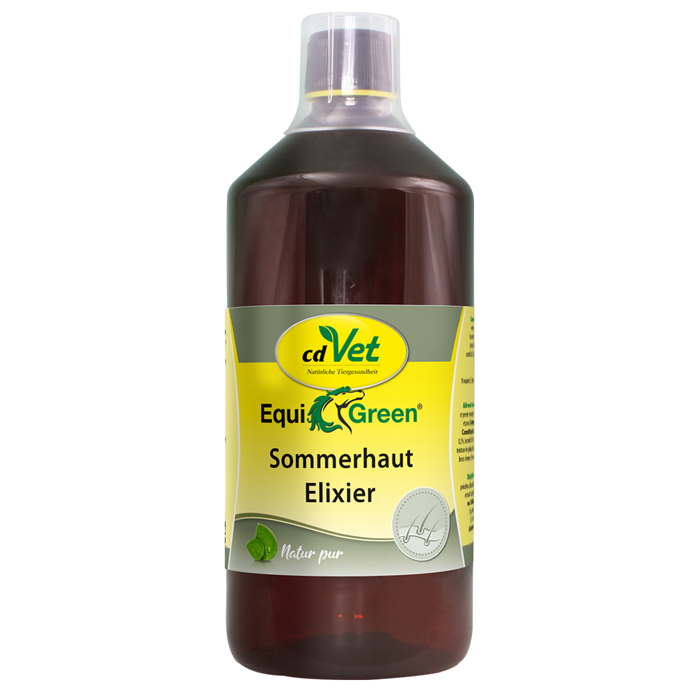 Tierheilmittel, Sommerhaut Elixier, Flasche, bräunliche Flüssigkeit, cdVet EquiGreen