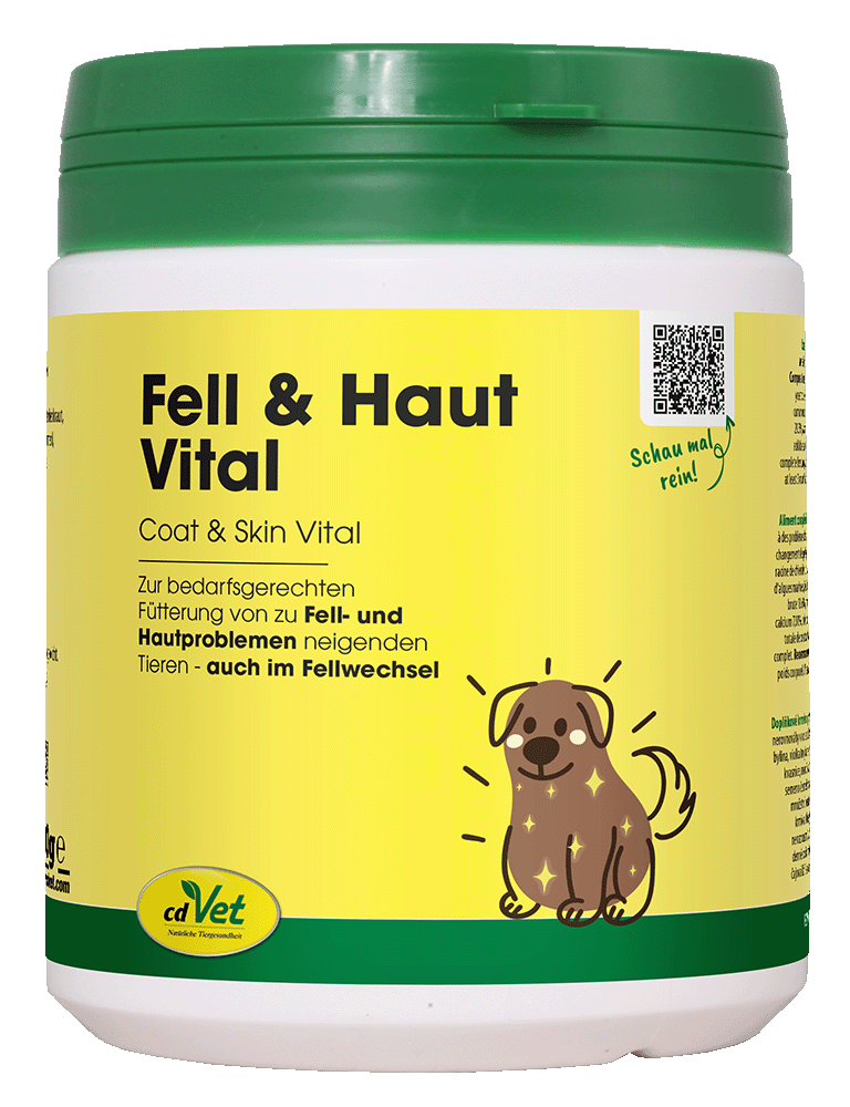 hundezusatz, fell and haut vital, pflegemittel für hp, tierarzt ernährung, gelbe etikett