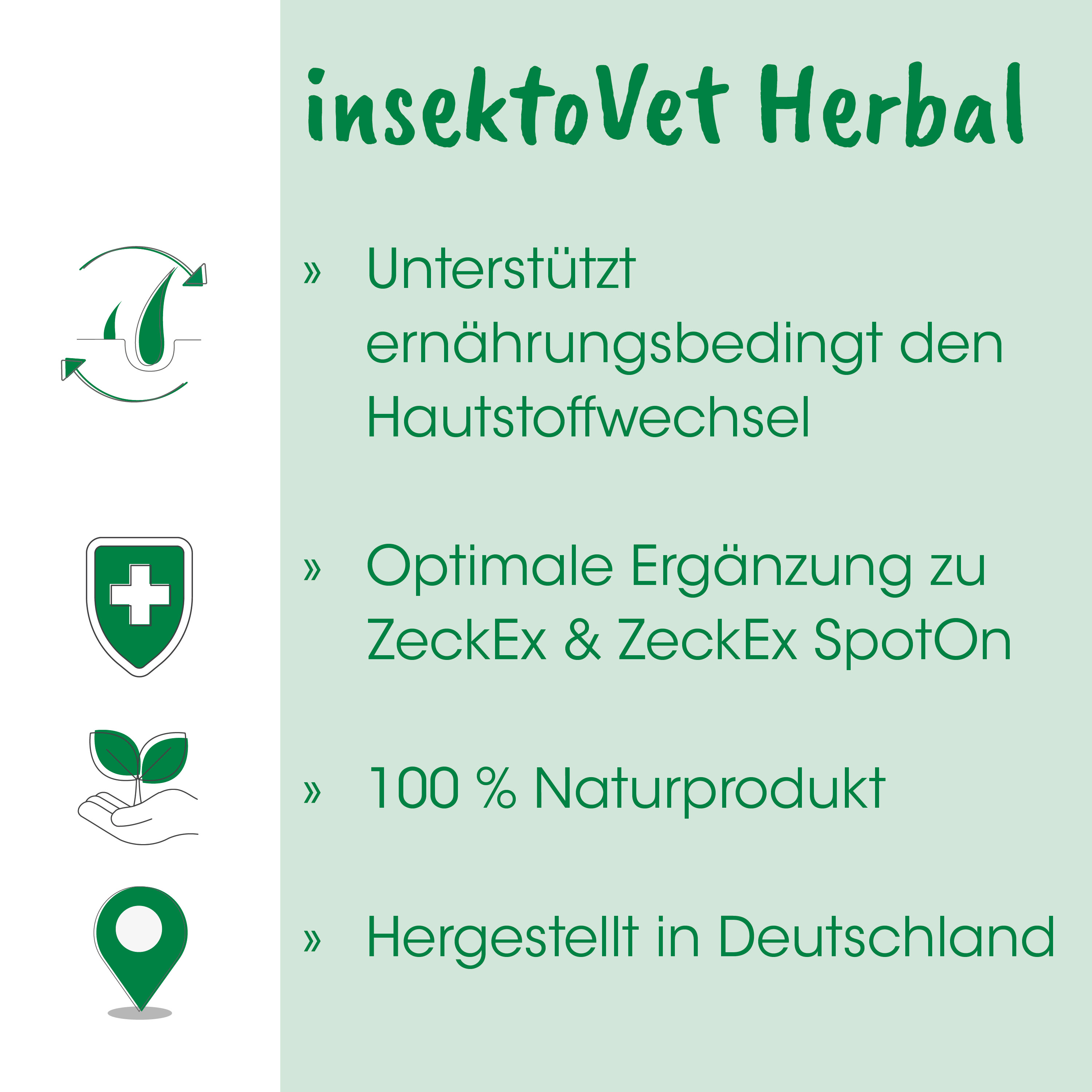 herbal insectoVet, natürliches Produkt, grünes Logo, Pflanzenkeimling, hergestellt in Deutschland