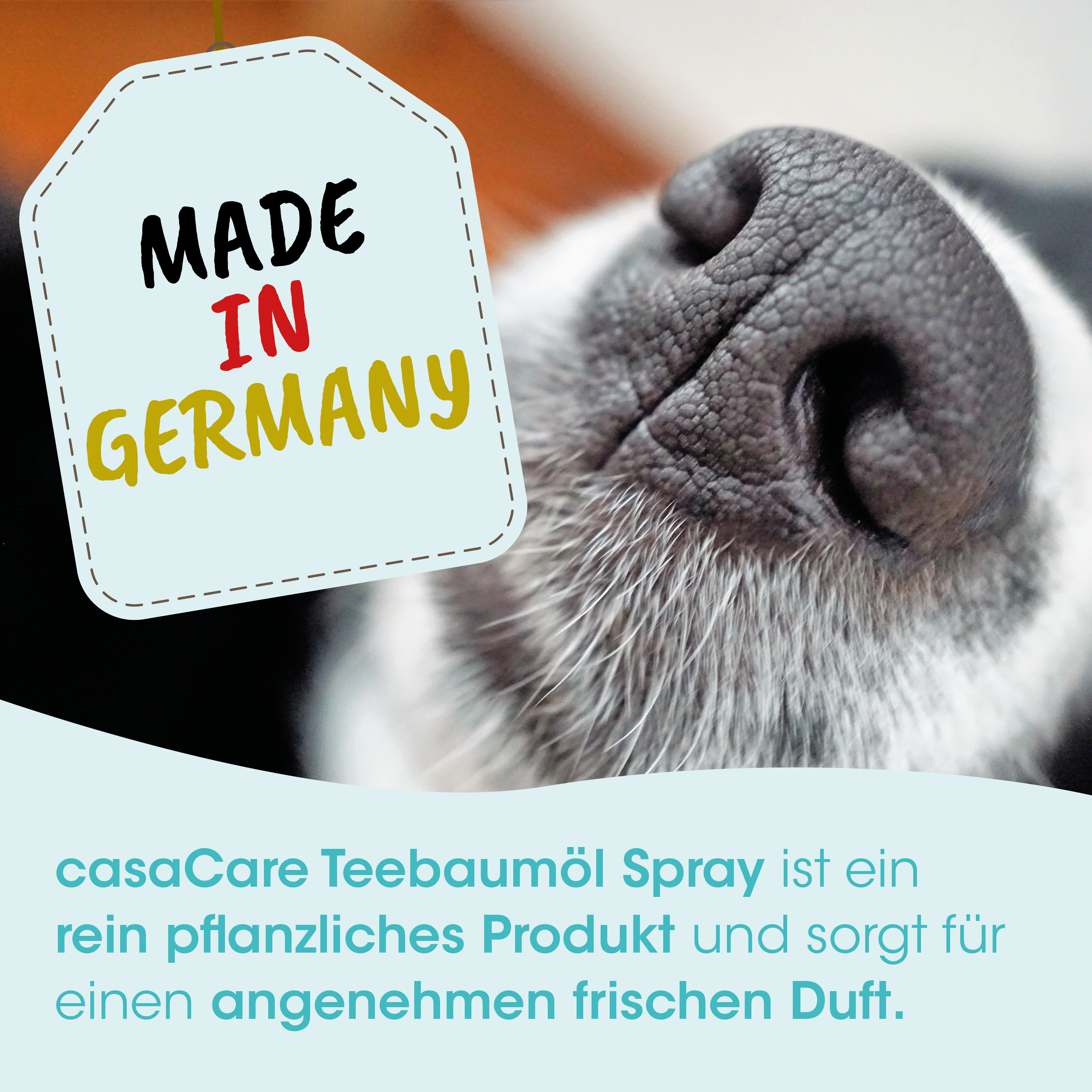 Hundeschnauze, Tierprodukt, Made in Germany Etikett, Teebaumöl Spray, organischer Duft