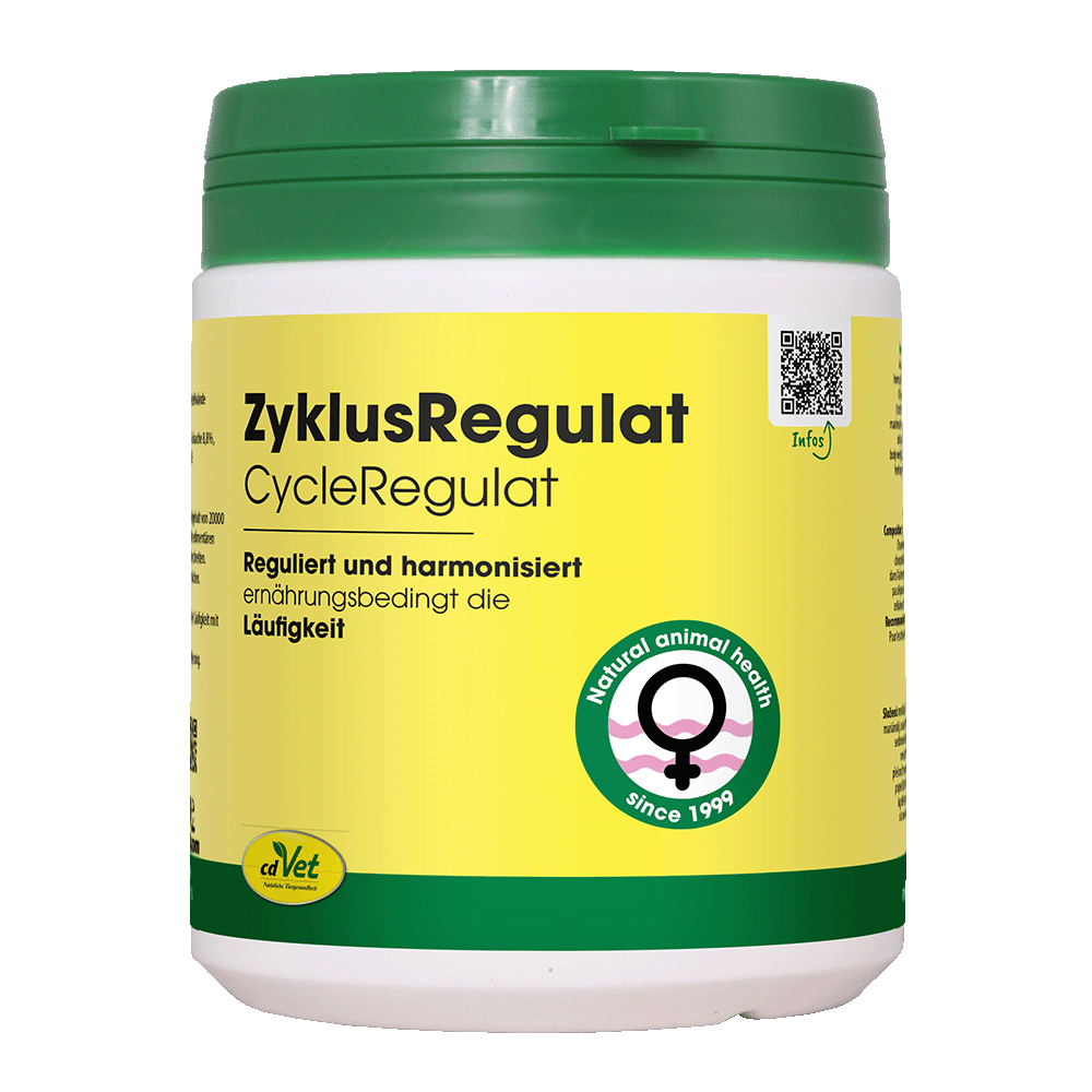 Hundernahrung, Regulat, CycleRegulat, gelber Behälter, grüner Deckel, Ergänzungsprodukt, CycleRegulat, Tierernährung, Gelbbeschriftung, Green Label